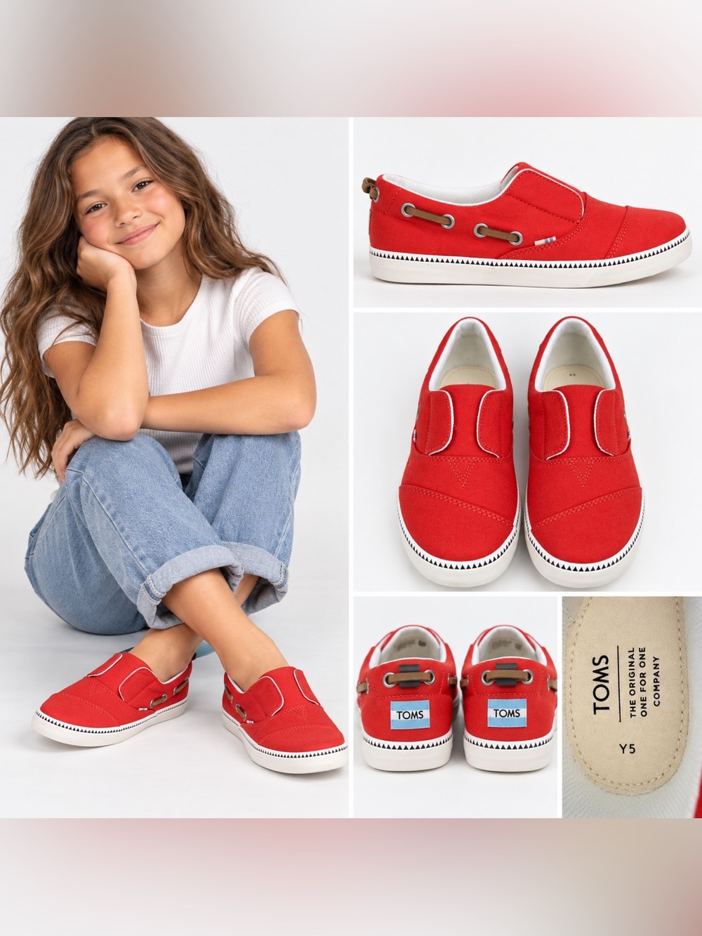 NWT TOMS Pasadena Red Canvas Slip-On Shoes Youth Size 5 w/ Box